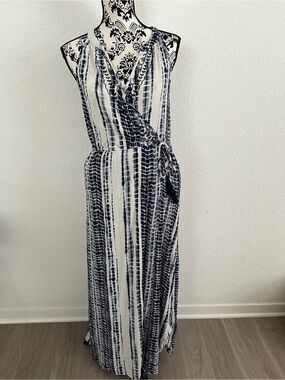 Knox Rose XXL Blue White Tie Dye Maxi Dress Faux Wrap Tassel Boho Sleeveless
